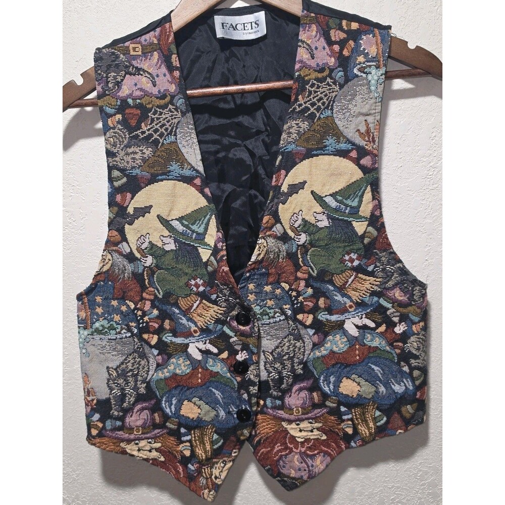 Facets By Mirrors Vtg Womens Halloween Tapestry Vest M Witch Witches